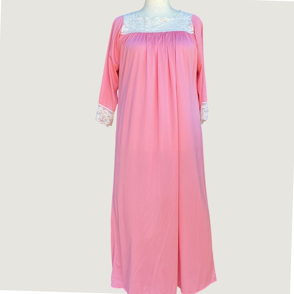 Womens Vintage Nightgown Pink Lace Trim Long Sleeve Handmade Coquette Maxi